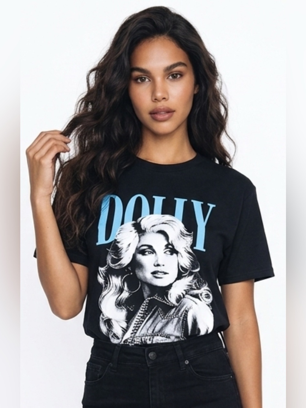 Black Graphic Crewneck Tee with Blue “Dolly”Lettering - Women's Casual Top